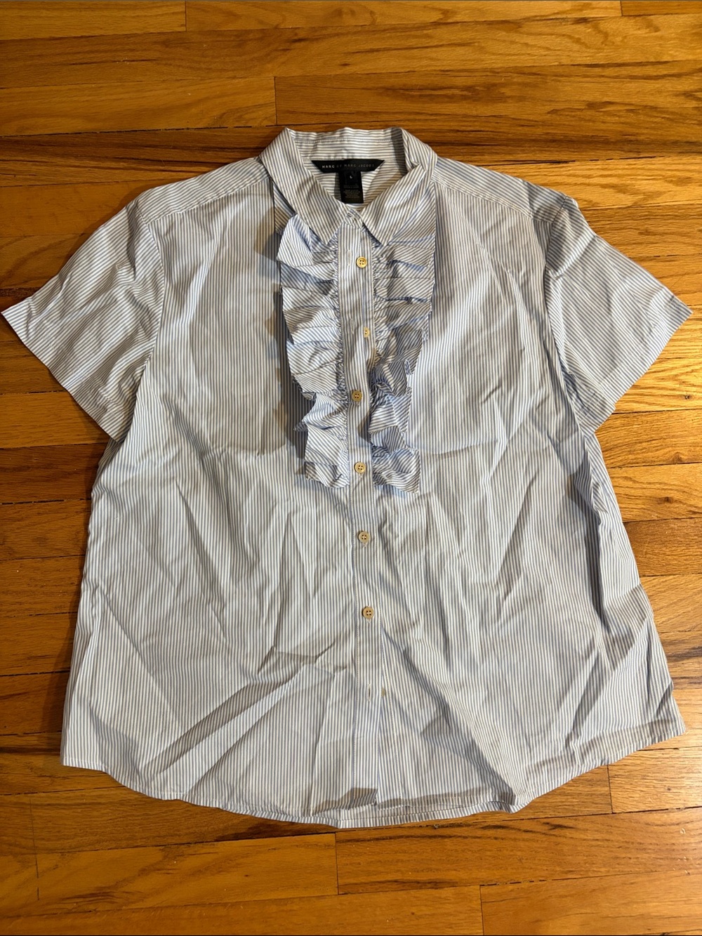Marc By Marc Jacobs Light Blue and White Striped Ruffle Front Button-Down